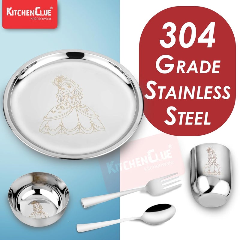 KITCHEN CLUE 304 Stainless Steel Dinner Set for Kids – Set of 5 Pcs, Mirror Finish, 24cm Dia Dinner Plate | BIS Approved, Child Thali Set with Spoon, Fork, Glass & Bowl | Princess Laser Design - Image 2