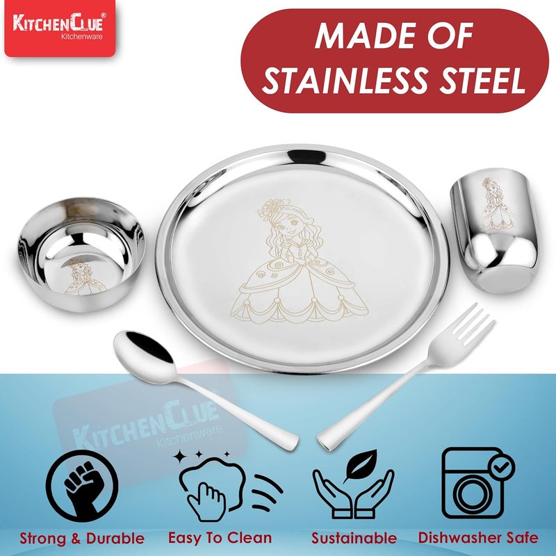 KITCHEN CLUE 304 Stainless Steel Dinner Set for Kids – Set of 5 Pcs, Mirror Finish, 24cm Dia Dinner Plate | BIS Approved, Child Thali Set with Spoon, Fork, Glass & Bowl | Princess Laser Design - Image 5