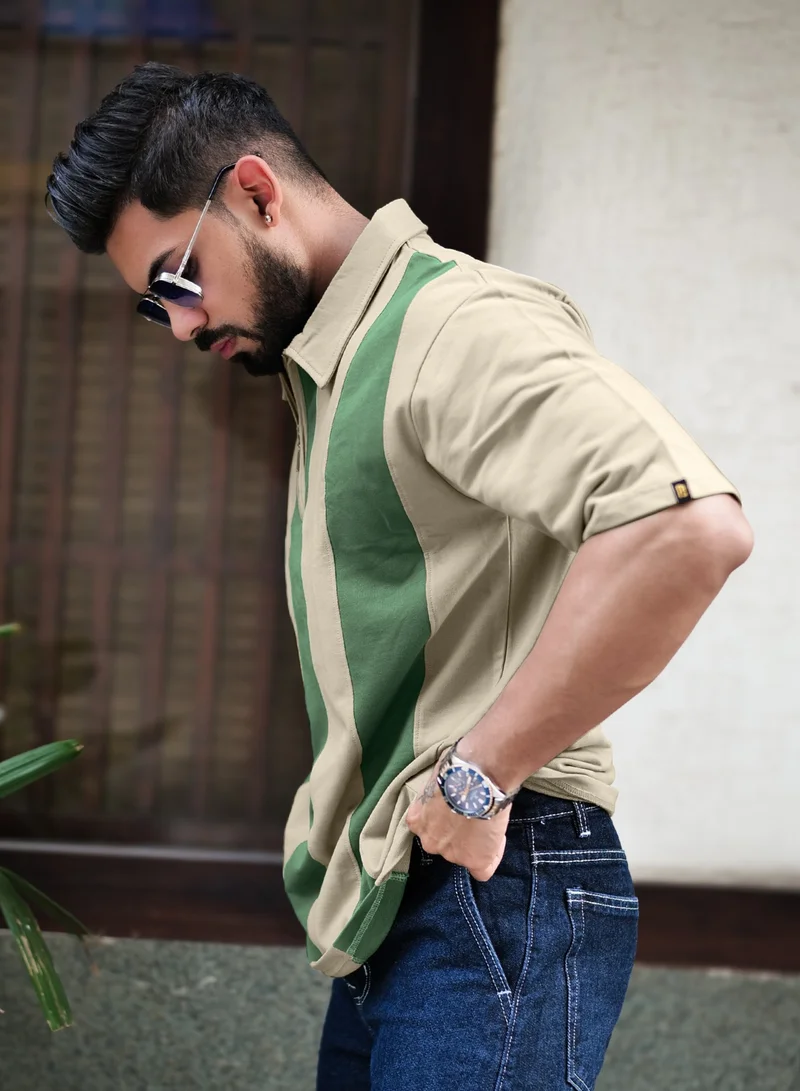 Maniac Maniac Mens Bold Vertical Stripes Polo Neck Half Sleeve Biscuit & Hunter Green Cotton T-Shirt
