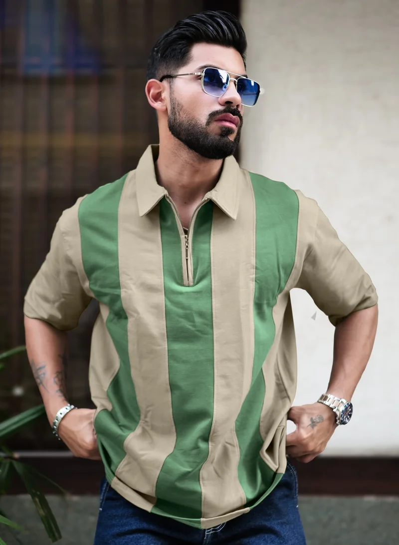 Maniac Maniac Mens Bold Vertical Stripes Polo Neck Half Sleeve Biscuit & Hunter Green Cotton T-Shirt