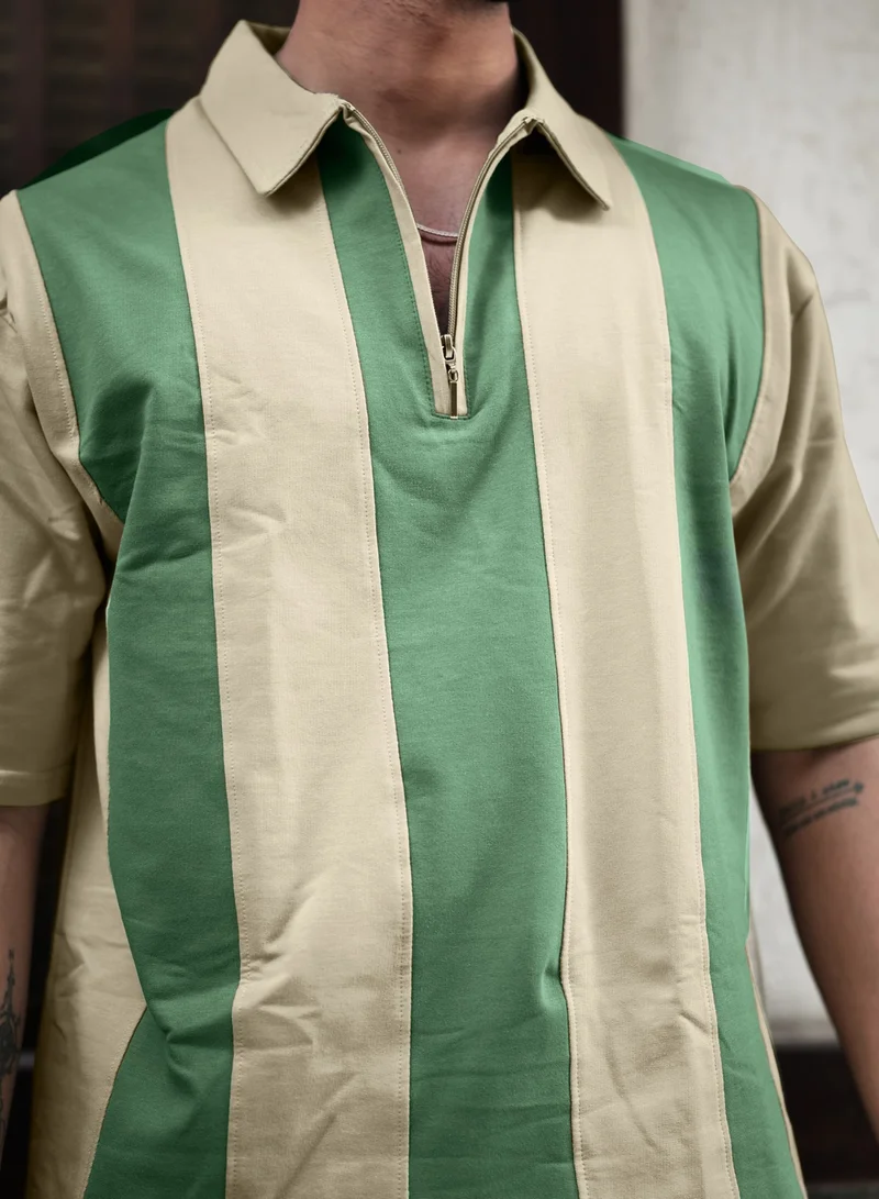 Maniac Maniac Mens Bold Vertical Stripes Polo Neck Half Sleeve Biscuit & Hunter Green Cotton T-Shirt