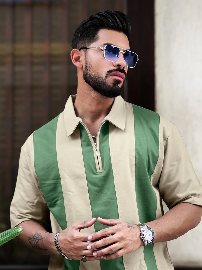 Maniac Maniac Mens Bold Vertical Stripes Polo Neck Half Sleeve Biscuit & Hunter Green Cotton T-Shirt