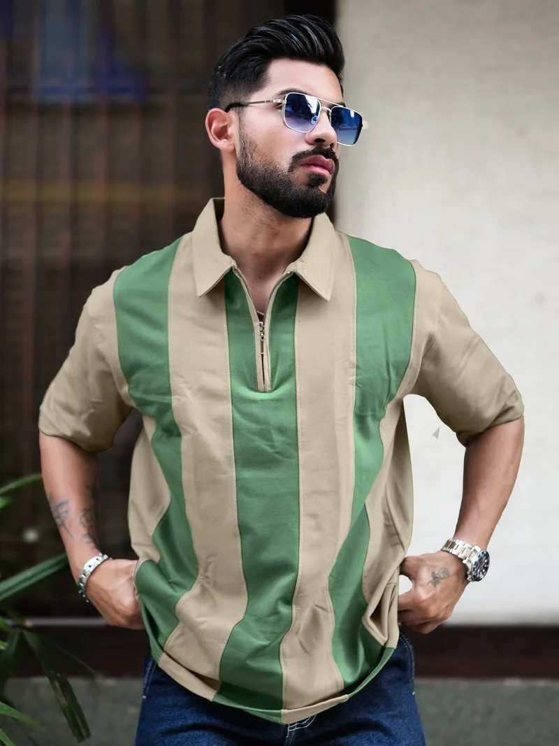 Maniac Maniac Mens Bold Vertical Stripes Polo Neck Half Sleeve Biscuit & Hunter Green Cotton T-Shirt