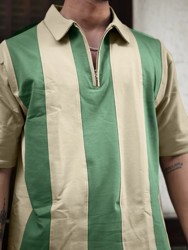 Maniac Maniac Mens Bold Vertical Stripes Polo Neck Half Sleeve Biscuit & Hunter Green Cotton T-Shirt
