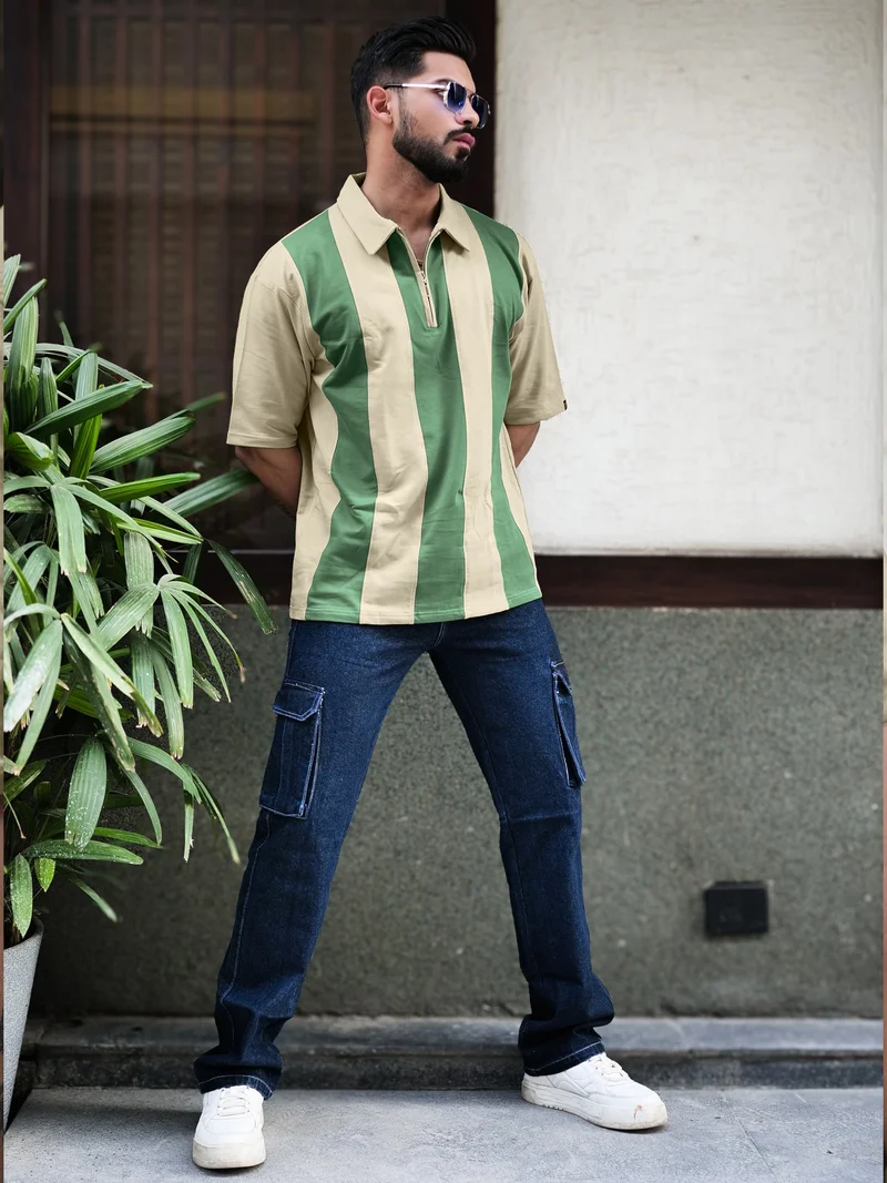 Maniac Maniac Mens Bold Vertical Stripes Polo Neck Half Sleeve Biscuit & Hunter Green Cotton T-Shirt