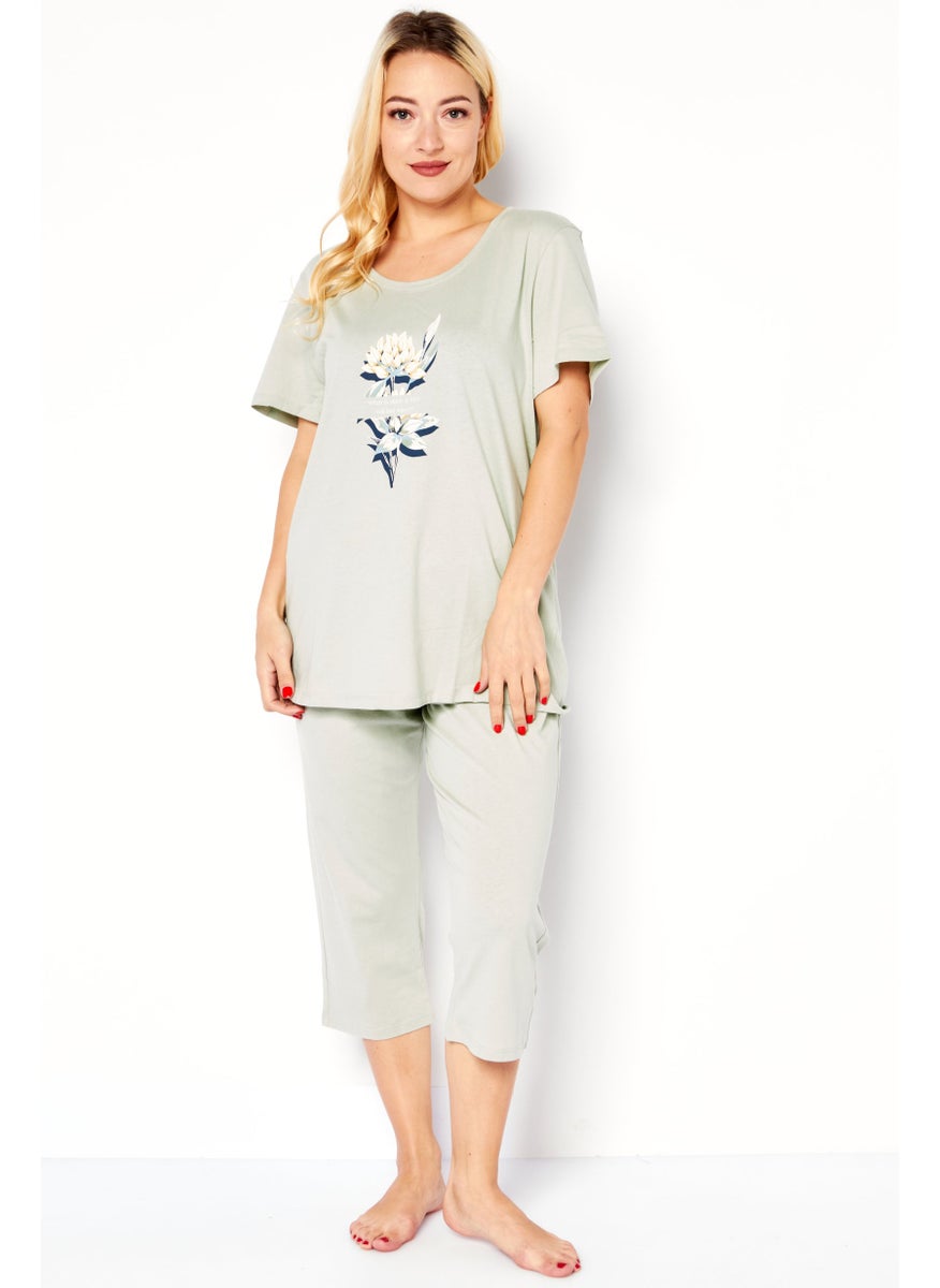 TRIUMPH Women 2 Piece Graphic Print Top And Bottom Pajama Set, Sage Green  - Image 3