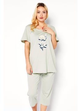 TRIUMPH Women 2 Piece Graphic Print Top And Bottom Pajama Set, Sage Green  - Image 1