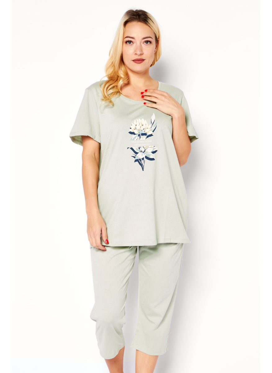 TRIUMPH Women 2 Piece Graphic Print Top And Bottom Pajama Set, Sage Green  - Image 1
