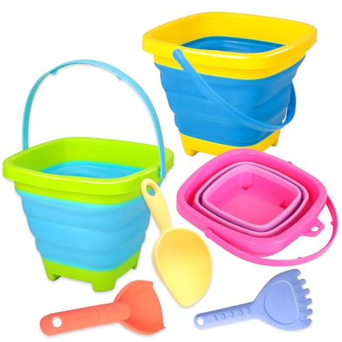 Xgunion Collapsible Beach Sand Bucket 3 Packs Foldable Buckets Set with Shovels & Mesh Bag Collapsible Beach Toys for Kids Summer Sand Buckets for Kids Cruise Beach Essentials - Image 1