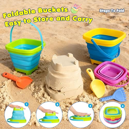 Xgunion Collapsible Beach Sand Bucket 3 Packs Foldable Buckets Set with Shovels & Mesh Bag Collapsible Beach Toys for Kids Summer Sand Buckets for Kids Cruise Beach Essentials - Image 5