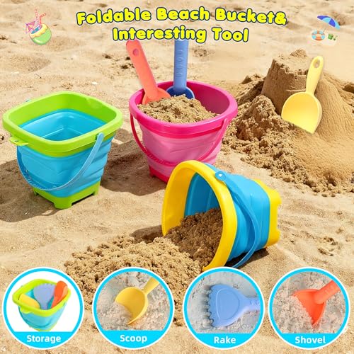 Xgunion Collapsible Beach Sand Bucket 3 Packs Foldable Buckets Set with Shovels & Mesh Bag Collapsible Beach Toys for Kids Summer Sand Buckets for Kids Cruise Beach Essentials - Image 3