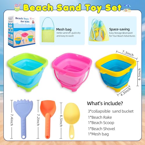 Xgunion Collapsible Beach Sand Bucket 3 Packs Foldable Buckets Set with Shovels & Mesh Bag Collapsible Beach Toys for Kids Summer Sand Buckets for Kids Cruise Beach Essentials - Image 2