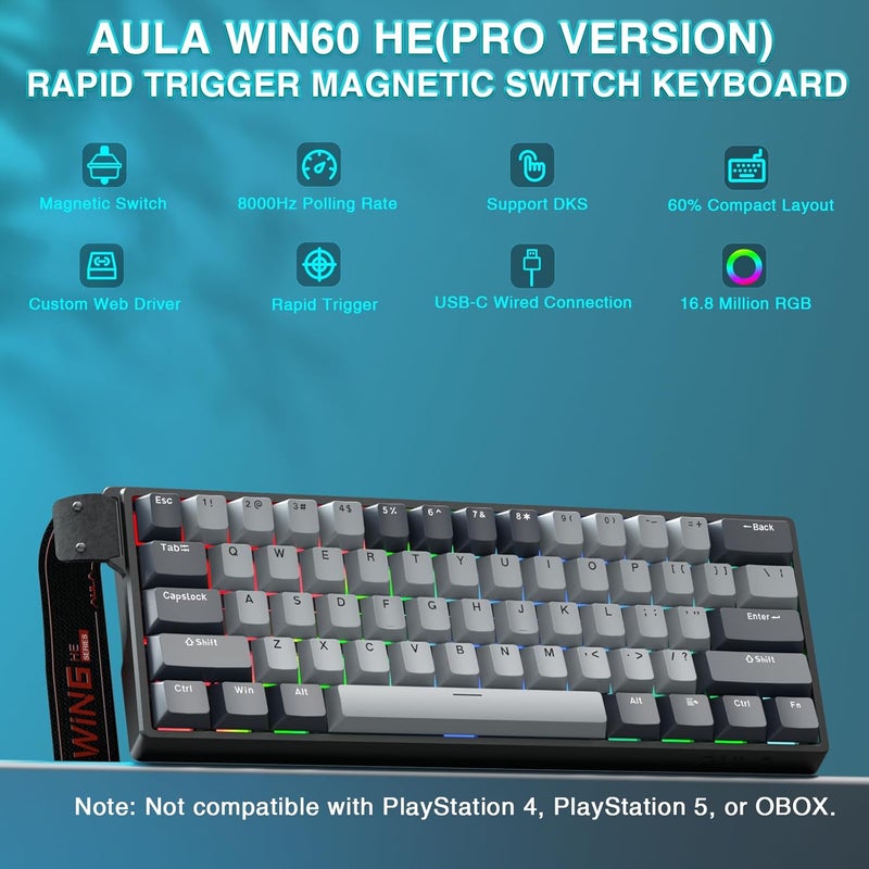 CORBOBO أولا WIN60 HE PRO لوحة مفاتيح ألعاب ميكانيكية بنسبة 60% سلكية، مفتاح مغناطيسي قابل للتبديل السريع، تفعيل قابل للتعديل وضع الزناد السريع، معدل استقصاء 8000 هرتز، لوحة مفاتيح صغيرة RGB بتصميم مدمج بنسبة 60% للكمبيوتر الشخصي - Image 2