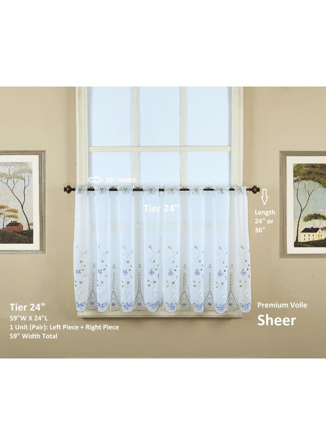 Today's Curtain , Samantha Embroidered Sheer Tier 24", White/Green, 59" W x 24" L - Image 2