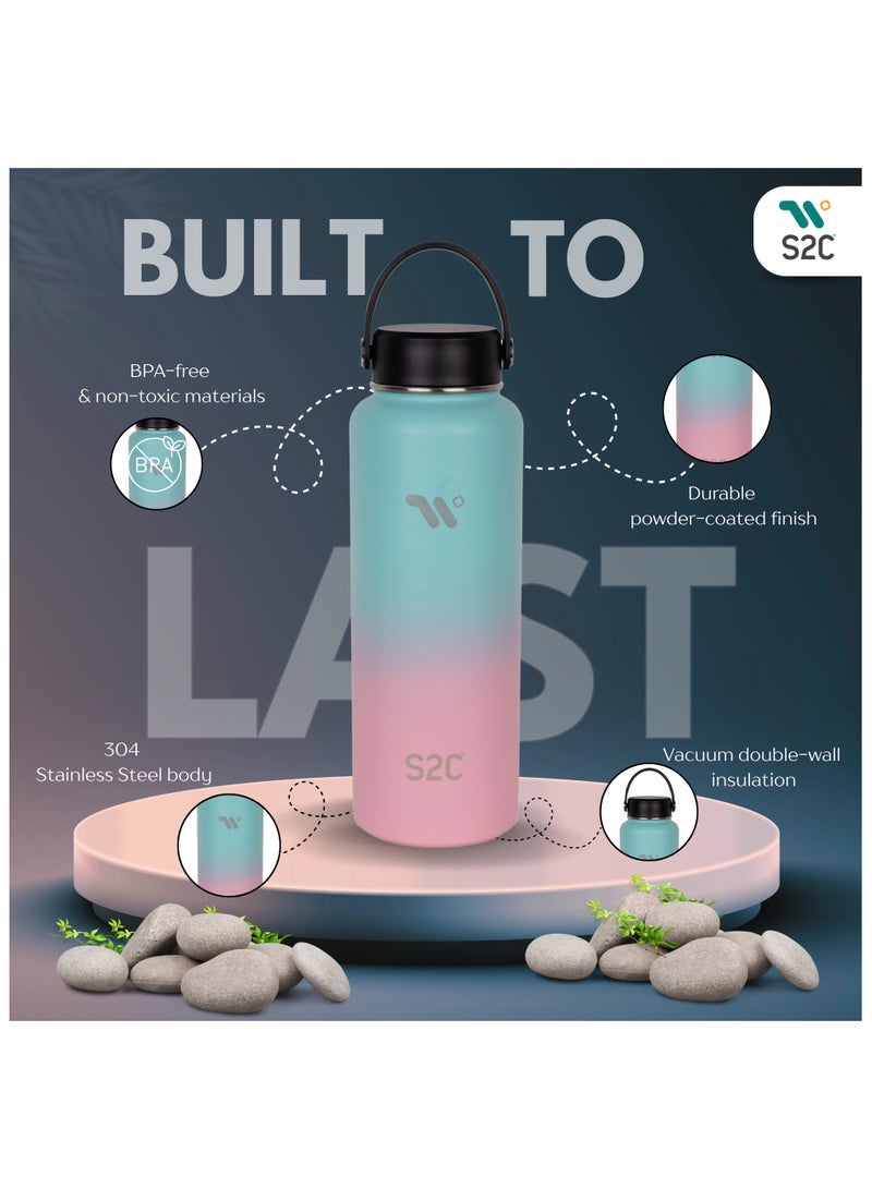 S2C 1200Ml Insulated Water Bottle With 3 Lids, Double Wall,Leak Proof, Stainless Steel Water Bottle With Straw Water Bottle For Gym, Water Bottle Thermos Flask For Hot Water Bottle (Bubble Gum) - Image 2