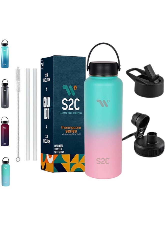 S2C 1200Ml Insulated Water Bottle With 3 Lids, Double Wall,Leak Proof, Stainless Steel Water Bottle With Straw Water Bottle For Gym, Water Bottle Thermos Flask For Hot Water Bottle (Bubble Gum) - Image 1
