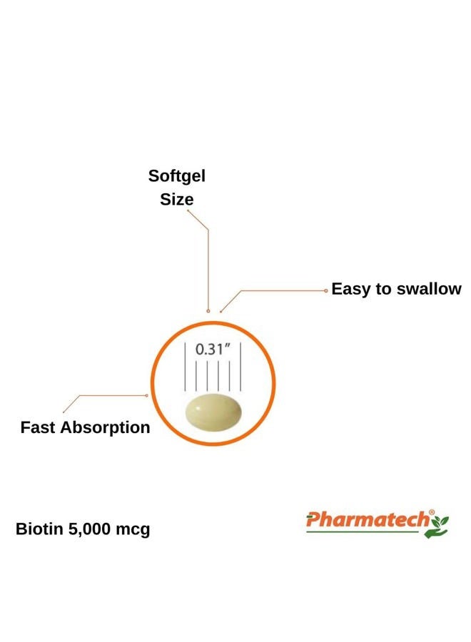 PHARMATECH Biotin 5000 mcg, Vitamins for Hair Skin and Nails, Improve Nail Quality, Non-GMO, Gluten Free, Supplement for Women, High Potency, 120 Softgels - Image 4