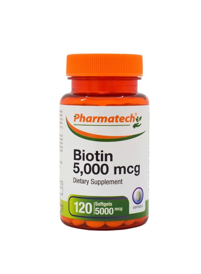 PHARMATECH Biotin 5000 mcg, Vitamins for Hair Skin and Nails, Improve Nail Quality, Non-GMO, Gluten Free, Supplement for Women, High Potency, 120 Softgels - Image 1