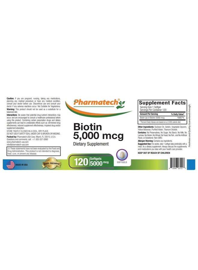 PHARMATECH Biotin 5000 mcg, Vitamins for Hair Skin and Nails, Improve Nail Quality, Non-GMO, Gluten Free, Supplement for Women, High Potency, 120 Softgels - Image 3