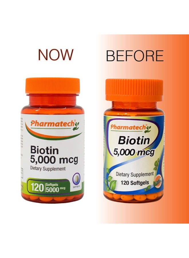 PHARMATECH Biotin 5000 mcg, Vitamins for Hair Skin and Nails, Improve Nail Quality, Non-GMO, Gluten Free, Supplement for Women, High Potency, 120 Softgels - Image 2