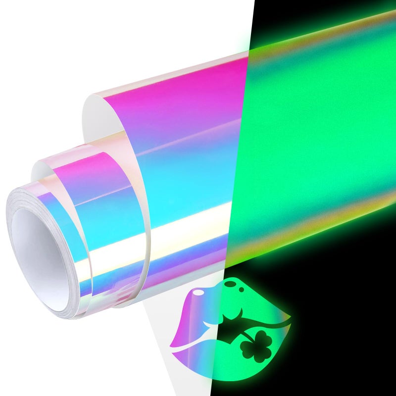 WRAPXPERT Glow in The Dark Permanent Adhesive Vinyl Holographic Iridescent Vinyl Opal White Glow Green for Wrap,Stickers,Decal,Lettering,12" x5ft - Image 1
