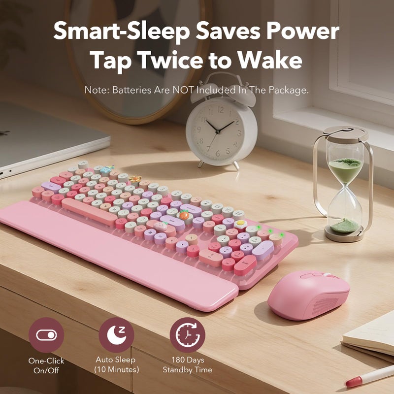 SABLUTE Wireless Keyboard and Mouse Combo, Cute Retro Typewriter Keyboard with Round Keycaps and Magnetic Wrist Rest, Full-Size 2.4GHz Cordless for Mac, Windows PC, Laptop, SABLUTE CK23, Pink Multi-Color - Image 5