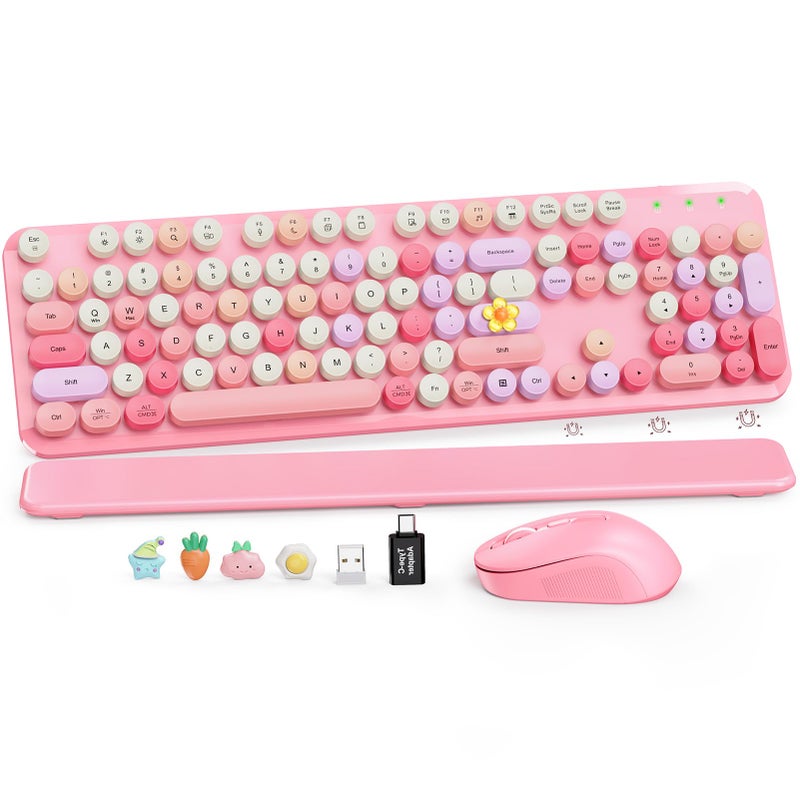 SABLUTE Wireless Keyboard and Mouse Combo, Cute Retro Typewriter Keyboard with Round Keycaps and Magnetic Wrist Rest, Full-Size 2.4GHz Cordless for Mac, Windows PC, Laptop, SABLUTE CK23, Pink Multi-Color - Image 1