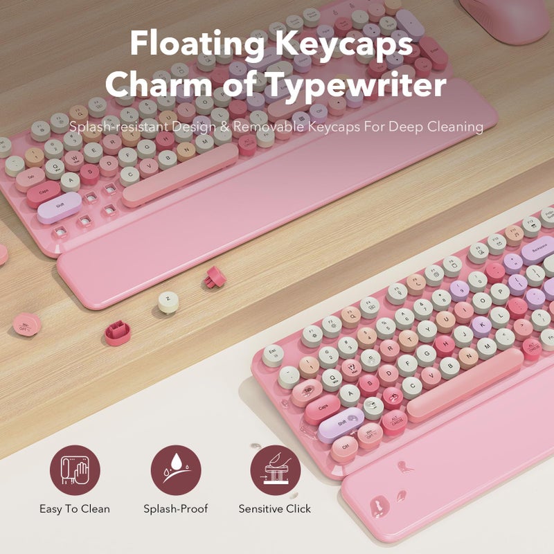 SABLUTE Wireless Keyboard and Mouse Combo, Cute Retro Typewriter Keyboard with Round Keycaps and Magnetic Wrist Rest, Full-Size 2.4GHz Cordless for Mac, Windows PC, Laptop, SABLUTE CK23, Pink Multi-Color - Image 3