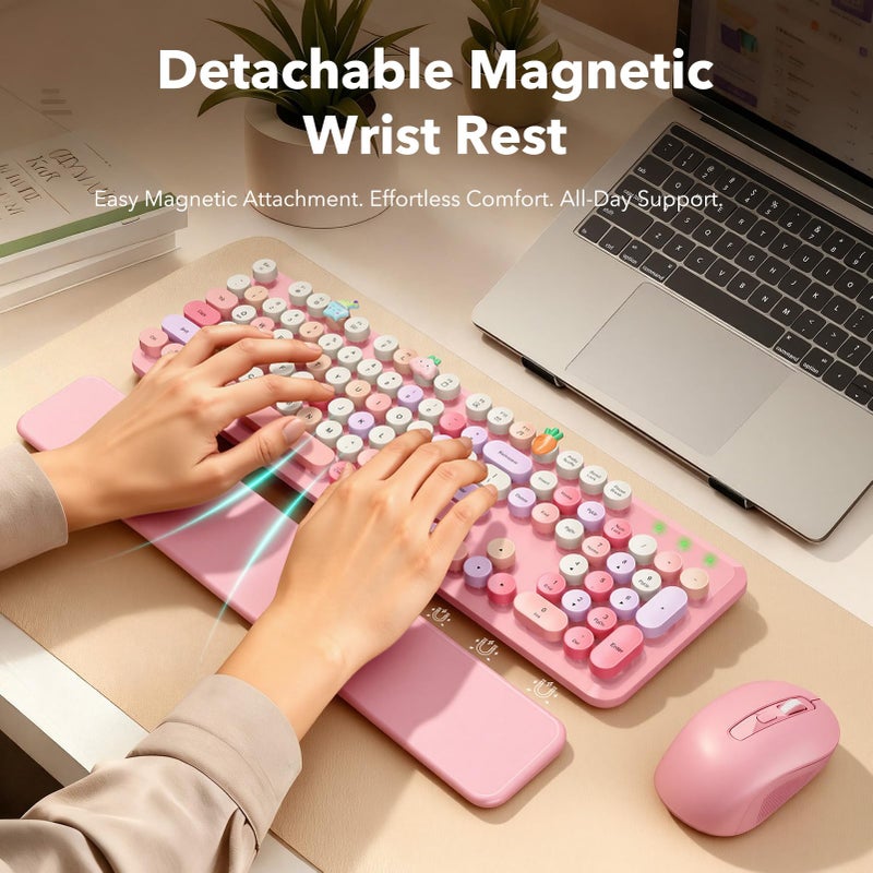 SABLUTE Wireless Keyboard and Mouse Combo, Cute Retro Typewriter Keyboard with Round Keycaps and Magnetic Wrist Rest, Full-Size 2.4GHz Cordless for Mac, Windows PC, Laptop, SABLUTE CK23, Pink Multi-Color - Image 2
