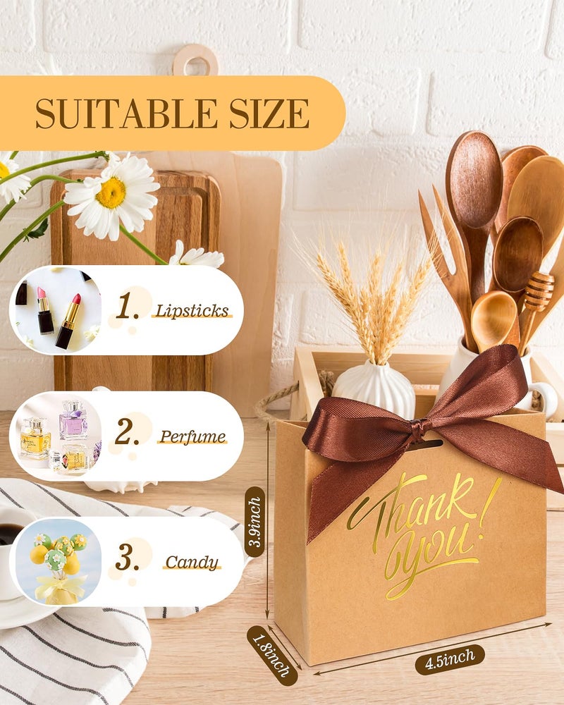 EQOREIIN Small Gift Bags, 25 Pack 4.5x1.8x3.9 Inches Mini Thank You Bags Brown Kraft Paper Gift Bag with Bow Ribbon, Small Candy Bags Gift Bag Bulk for Birthday Wedding Baby Shower (Brown) - Image 3