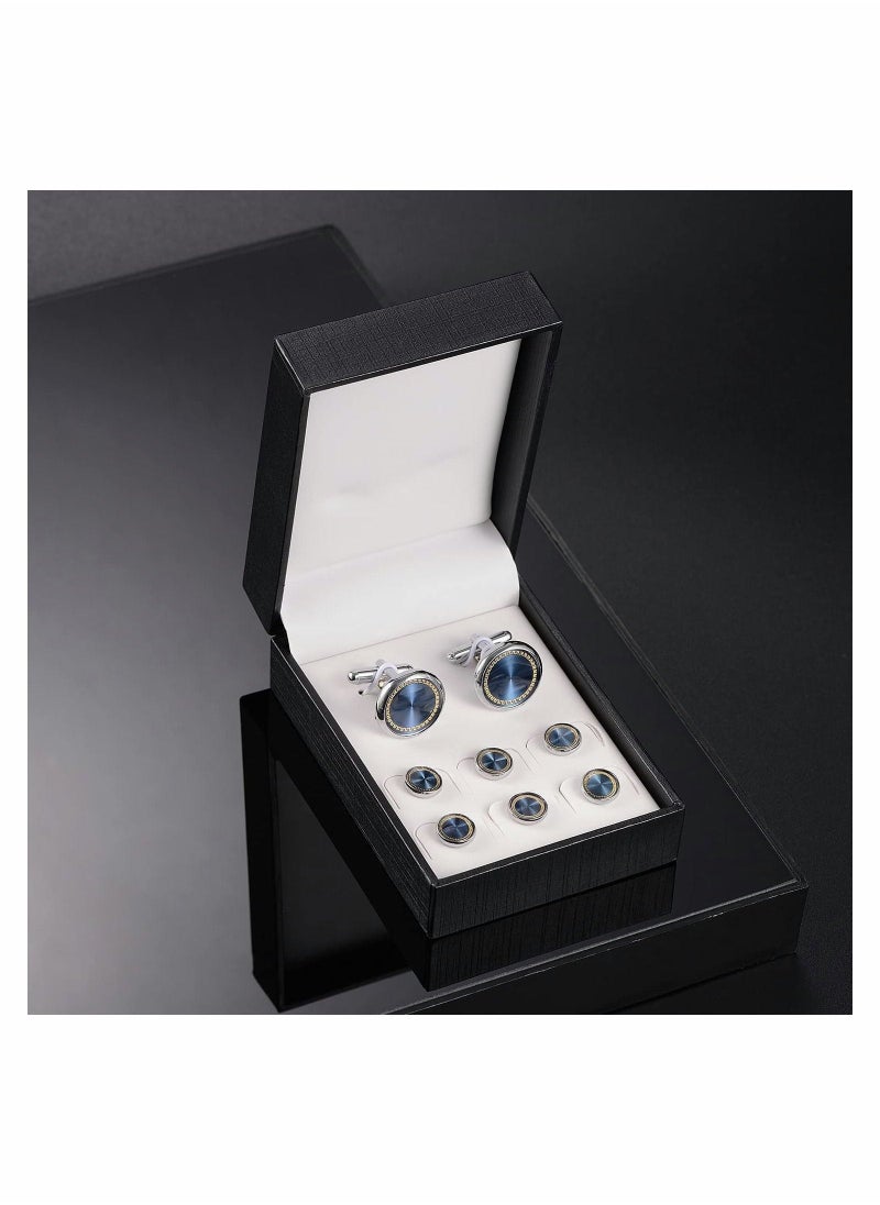 Cufflinks & Studs Set (1Pair Cufflinks & 3Pair Tuxedo Studs) Mens Jewelry Kit with Gift Box, Silver Cufflinks for Men & Dress Shirt Studs, Wedding Anniversary Gift Valentines Gifts for Him - Image 3