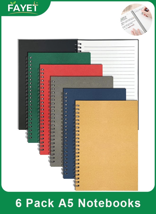 FAYET 6 Pack A5 Small Spiral Notebooks, Lined College Ruled Journal with Kraft Cover, Spiral Writing Pads for School, Office, Work & Business (Red, Green, Black, Blue, Khaki, Gray) - Image 1