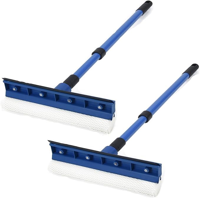 IMUU 2Pcs Extendable Window Squeegee Long Handle Stainless Steel Pipe Window Cleaning Tools with Dual Side Blade Rubber Scrubber Sponge Perfect for Shower Glass Door Car Windshield