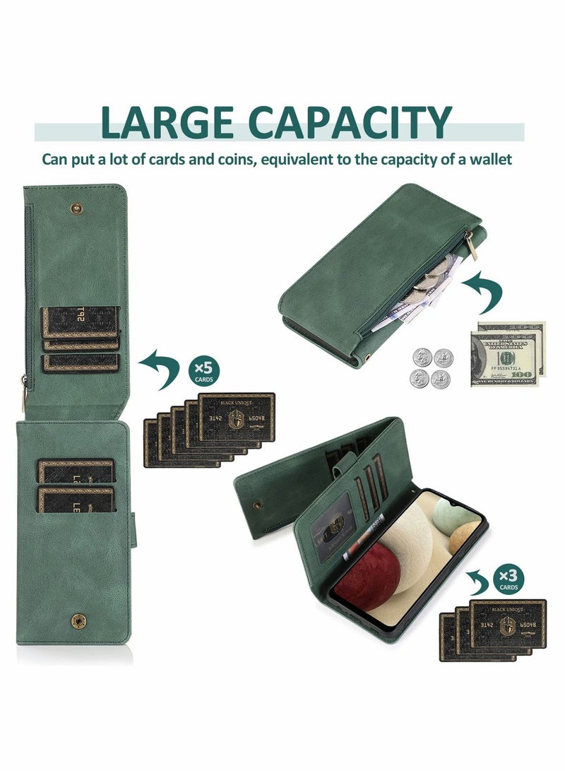 Excefore حافظة لهاتف سامسونج جالاكسي A12/M12، حافظة جلدية بسحاب وحامل بطاقات للهاتف الخلوي (أخضر) - Image 2