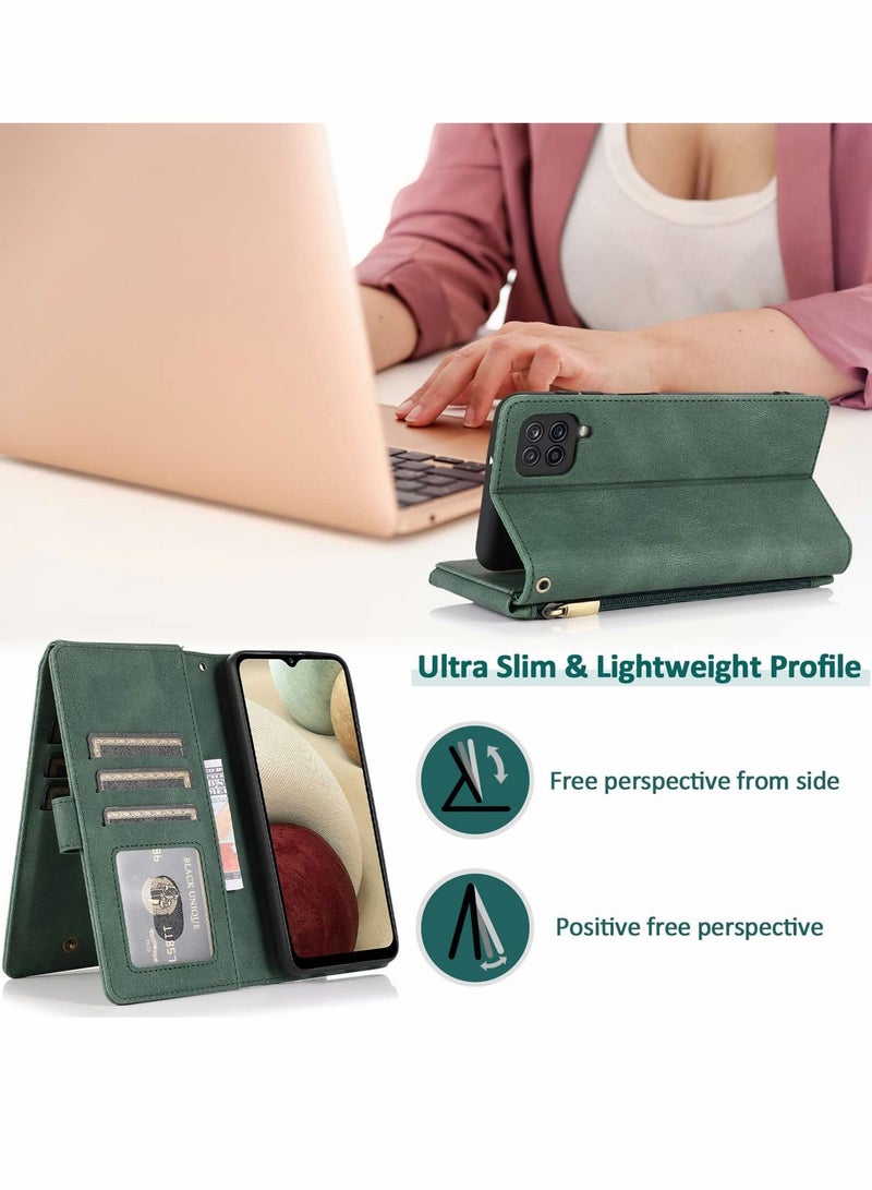 Excefore حافظة لهاتف سامسونج جالاكسي A12/M12، حافظة جلدية بسحاب وحامل بطاقات للهاتف الخلوي (أخضر) - Image 3