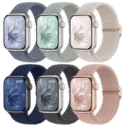 Knossen 6 Pack Braided Stretchy Bands Compatible with Apple Watch Band 38mm 40mm 41mm 42mm 44mm 45mm 46mm 49mm Women Men Adjustable Nylon Solo Loop Elastic Straps for iWatch Series 11 10 9 8 7 6 5 4 SE Ultra - Image 1