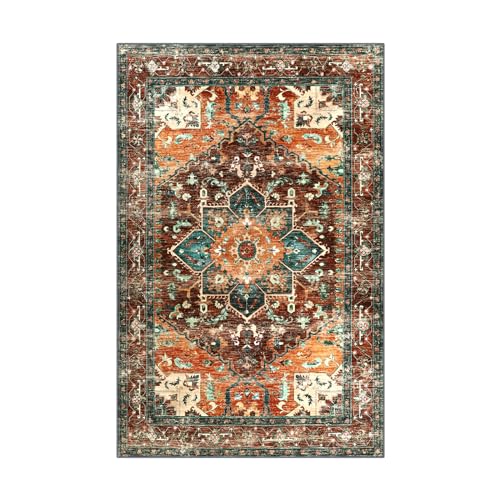 Yamaziot Area Rug 5x7, Non-Slip Washable Boho Vintage Living Room Bedroom Rug with Rubber Backing, Low Pile Faux Wool Soft Distressed Rug Floor Carpet for Living Room, Bedroom - Image 2