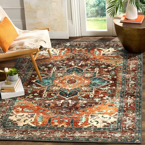 Yamaziot Area Rug 5x7, Non-Slip Washable Boho Vintage Living Room Bedroom Rug with Rubber Backing, Low Pile Faux Wool Soft Distressed Rug Floor Carpet for Living Room, Bedroom - Image 1