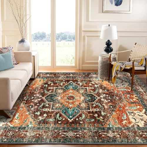 Yamaziot Area Rug 5x7, Non-Slip Washable Boho Vintage Living Room Bedroom Rug with Rubber Backing, Low Pile Faux Wool Soft Distressed Rug Floor Carpet for Living Room, Bedroom - Image 4