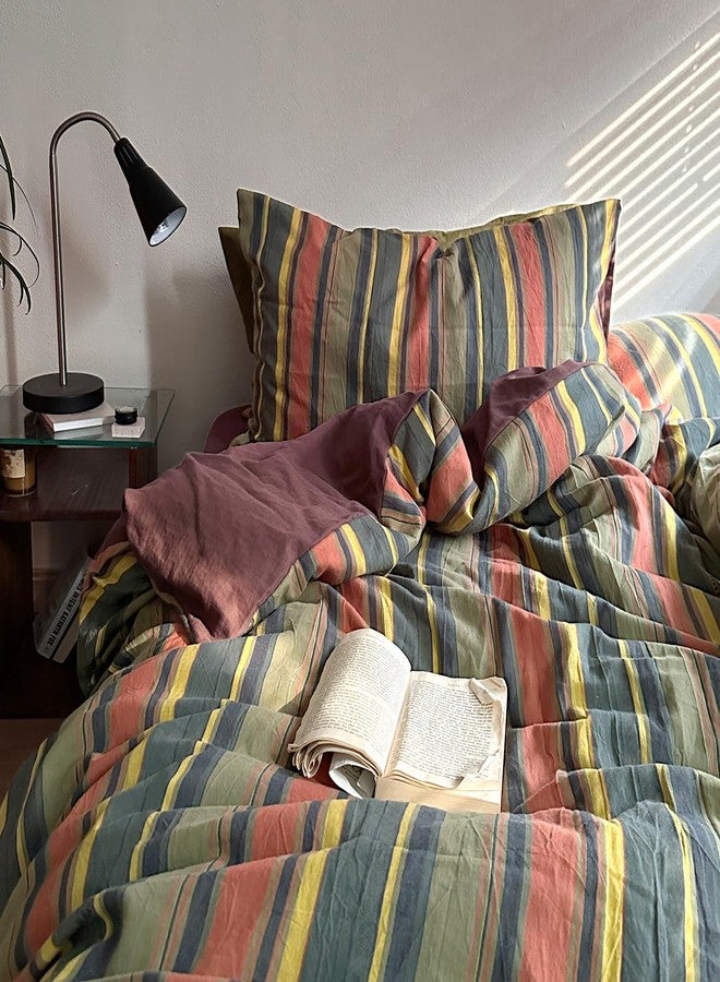 mixinni Vintage Striped Duvet Cover Set Twin XL Size - 3 Piece 100% Washed Cotton Bedding Set, Soft & Breathable,Colorful Striped Pattern Printed Comforter Cover for All Seasons - Image 2
