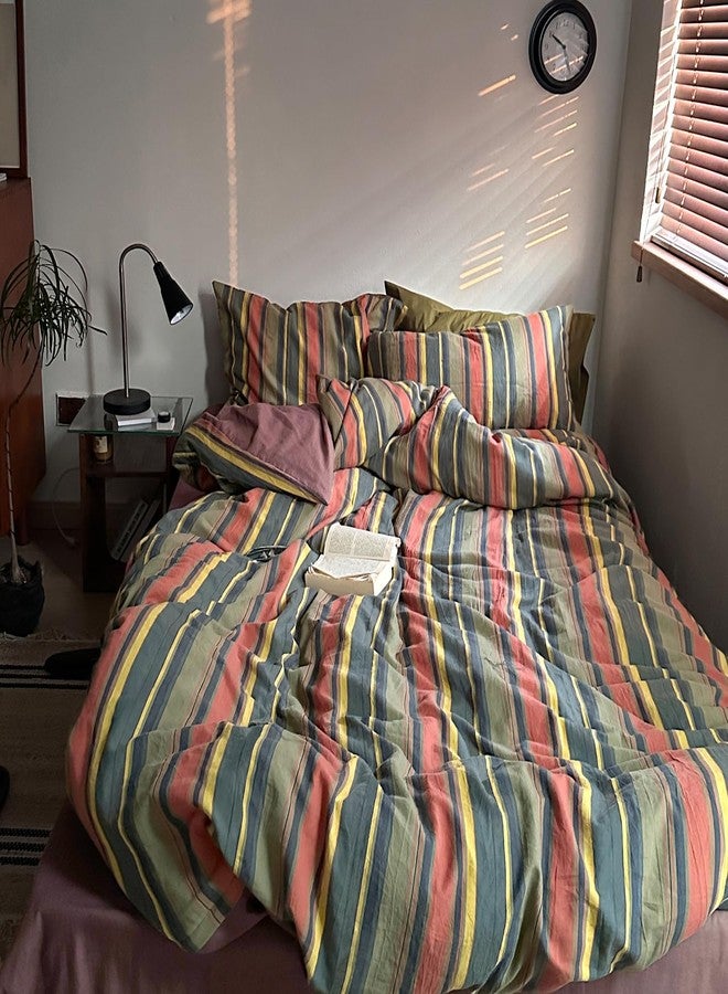 mixinni Vintage Striped Duvet Cover Set Twin XL Size - 3 Piece 100% Washed Cotton Bedding Set, Soft & Breathable,Colorful Striped Pattern Printed Comforter Cover for All Seasons - Image 3