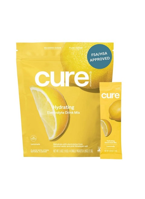 Cure Hydrating Plant Based Electrolyte Mix | Fsa & Hsa Eligible | Powder For Dehydration Relief | Made With Coconut Water | Non-Gmo | No Added Sugar | Vegan | Paleo | Pouch Of 14 Packets - Lemonade