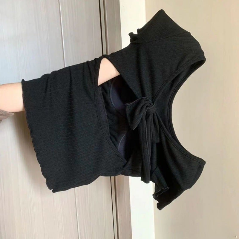 Hollow Back Bow Knot 2024 New Slim Tee for Women Black [with chest strap]]