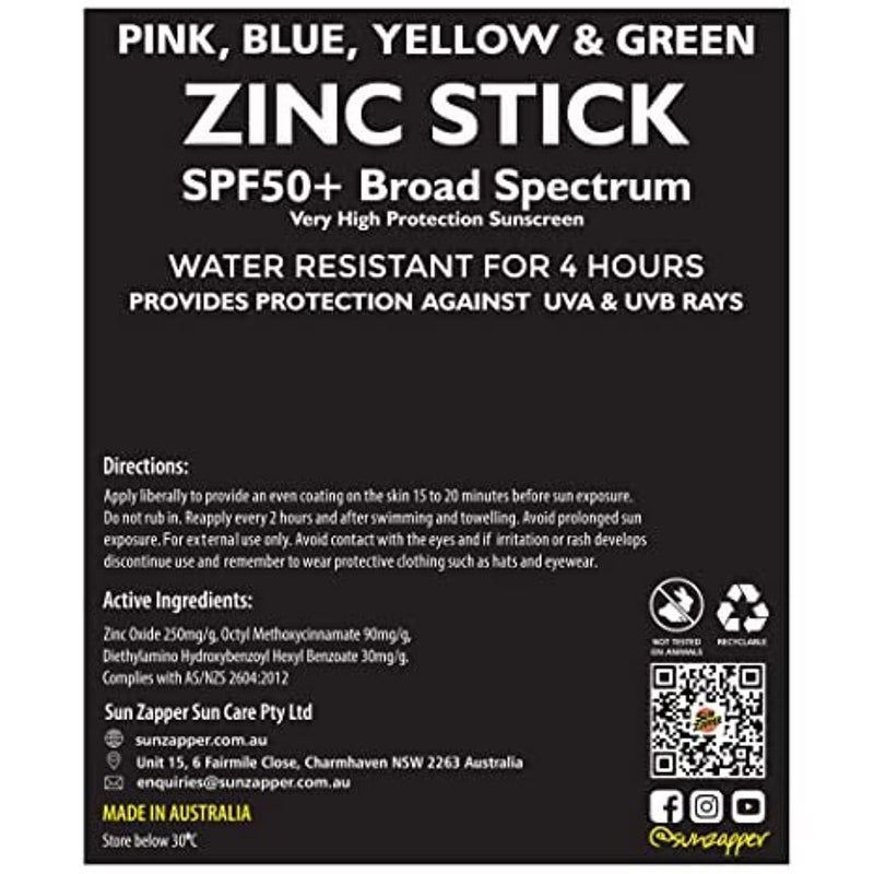 Sun Zapper Zinc Oxide Sunscreen Stick â€“ SPF 50+ Tinted 4-Pack (Pink, Blue, Green, Yellow) â€“ Sunscreen Stick, Zinc Sunscreen, Water Resistant, Broad Spectrum UVA/UVB, Made in Australia - Image 4