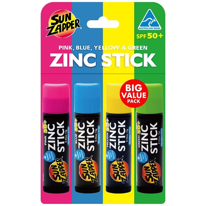 Sun Zapper Zinc Oxide Sunscreen Stick â€“ SPF 50+ Tinted 4-Pack (Pink, Blue, Green, Yellow) â€“ Sunscreen Stick, Zinc Sunscreen, Water Resistant, Broad Spectrum UVA/UVB, Made in Australia - Image 1