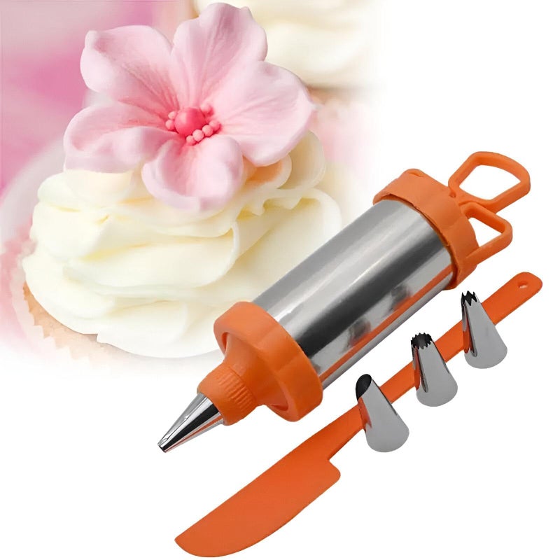 Stainless Steel Pastry Gun - Essential baking tool kit with a cream syringe and four different tips, perfect for decorating cakes, cookies, and pastries with ease and style. - Image 1