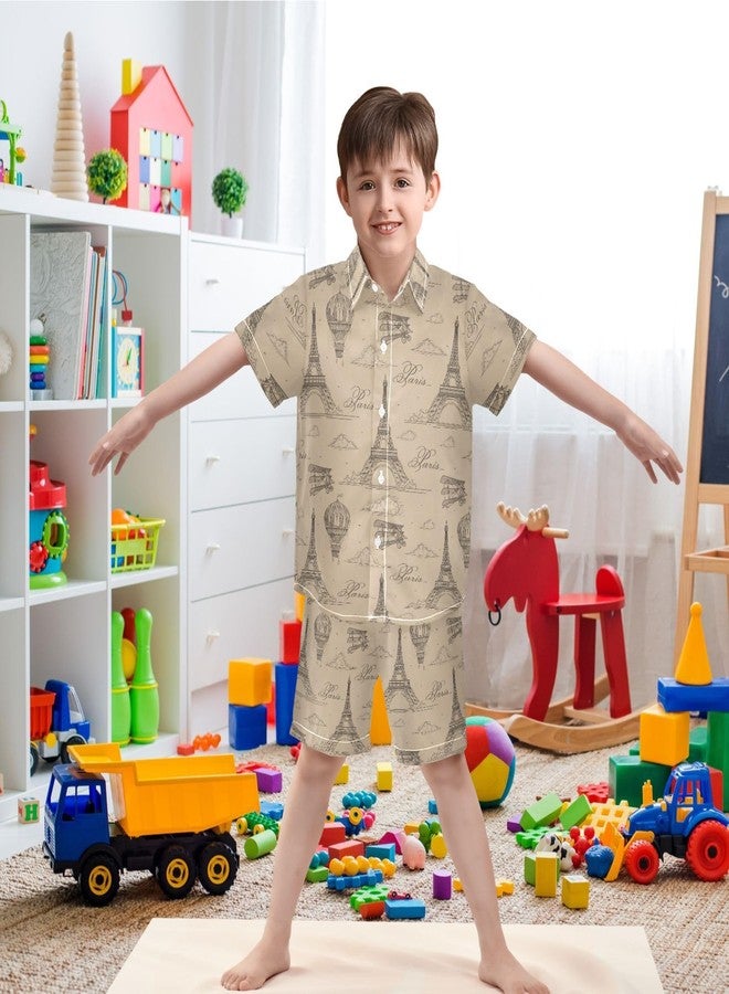 visesunny Boys 2 Piece Outfit Button Down Shirt and Short Sets Vintage Eiffel Tower Paris Hot Air Balloon Boy Summer Outfits for Children Kids - Image 2