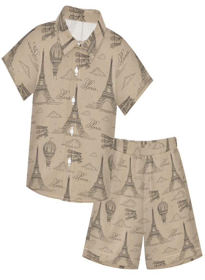 visesunny Boys 2 Piece Outfit Button Down Shirt and Short Sets Vintage Eiffel Tower Paris Hot Air Balloon Boy Summer Outfits for Children Kids - Image 1