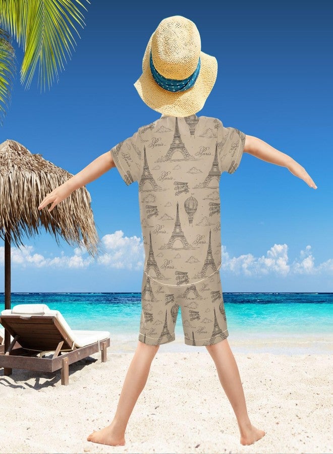 visesunny Boys 2 Piece Outfit Button Down Shirt and Short Sets Vintage Eiffel Tower Paris Hot Air Balloon Boy Summer Outfits for Children Kids - Image 3