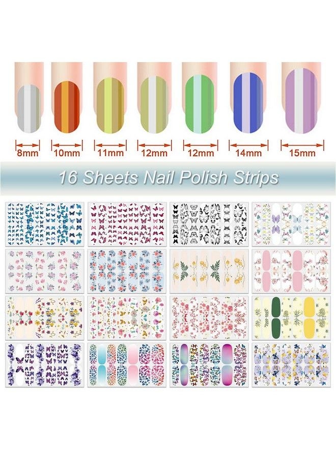 DANNEASY - 16 Sheets Nail Wraps Nail Polish Strips For Women Butterfly Flower Adhesive Nail Strips Polish Nail Sticker Fingernail Manicure Stickers With Nail File Cuticle Stick (Chic Style) - Image 1